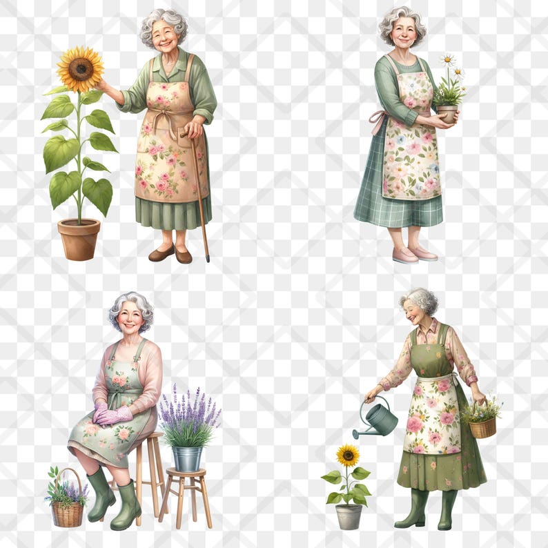 Gardening Old Lady Clipart PNG Cute Grandma Cottagecore Granny Floral ...