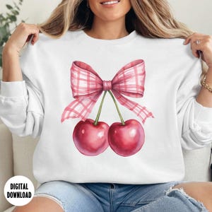 May include: White sweatshirt with a pink and white gingham bow and two red cherries.