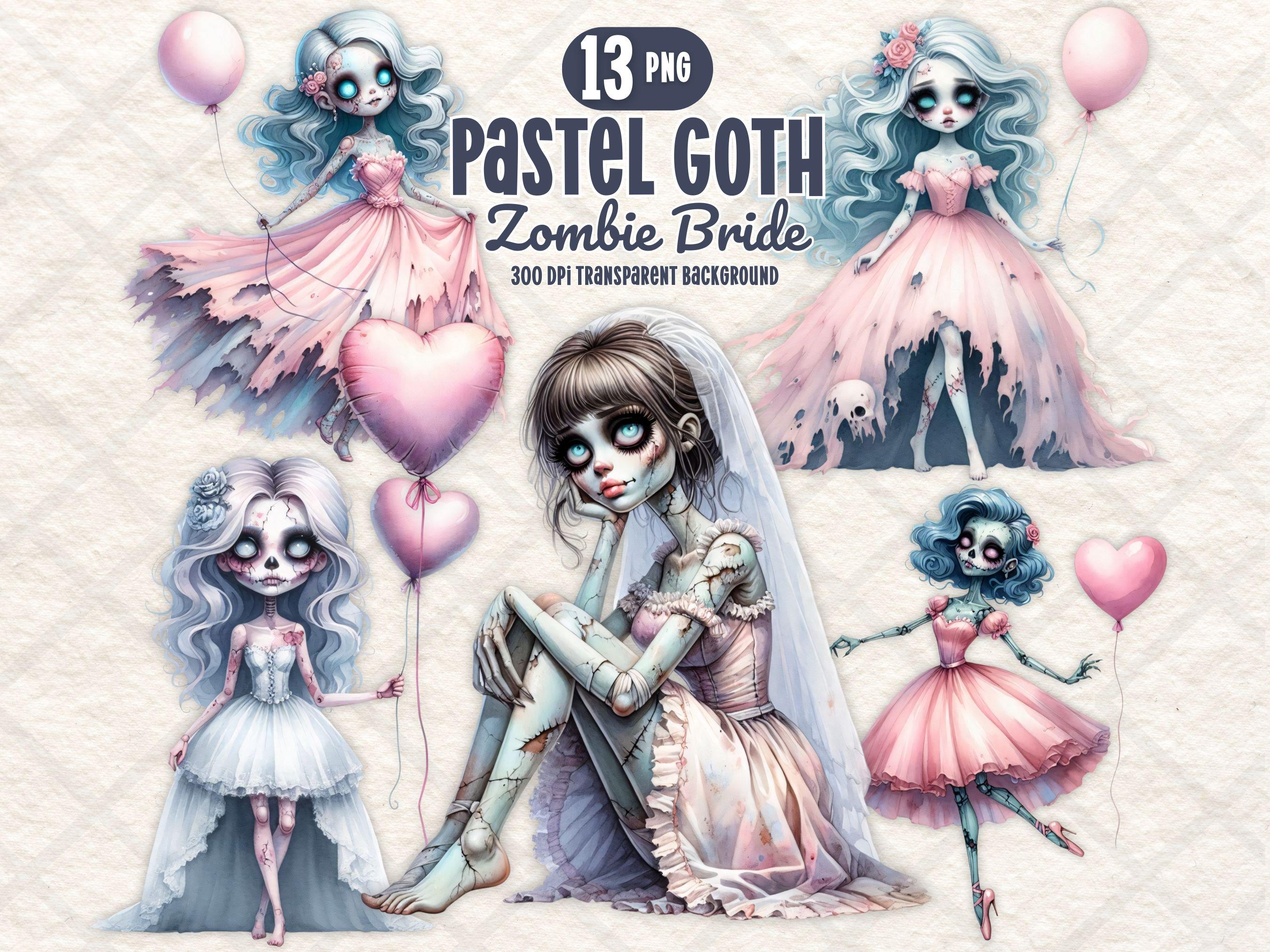 Pastel Goth Zombie Bride Clipart PNG Creepy Cute Undead Chibi Girl Pink ...