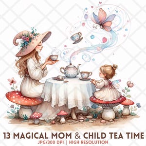 Aquarelle magique maman et enfant Tea Party JPG, clipart fée maman et enfant, sublimation de l'heure du thé aux champignons, clipart fantaisie fête des mères
