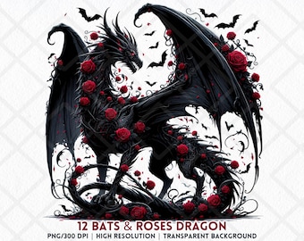 Vleermuizen rozen draak PNG clipart Halloween sublimatie griezelige gotische kunst donkere fantasie sticker ongewenste dagboek kaart maken PNG Instant Download