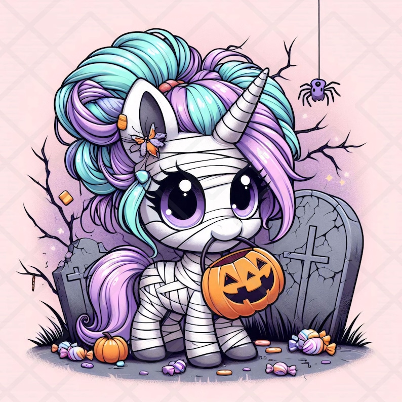 以下が含まれることがあります： ハロウィーンのミイラに扮したユニコーンの漫画イラスト。ユニコーンは青と紫の髪、大きな紫の目を持ち、オレンジ色のジャック・オ・ランタンを持っています。墓石とクモが背景にあります。