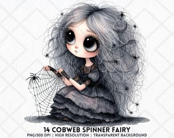 Fada Giradora de Teias de Aranha PNG Clipart Halloween Chibi Gótico Assustador Fofo Cabelo de Aranha Adesivo Digital Diário de Lixo Sublimação Download Instantâneo