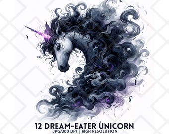 Griezelige enge eenhoorn clipart JPG Dream-Eater Nightmare Fantasy clipart zwarte rook hoorn JPG ongewenste journaling kaarten maken digitale sticker