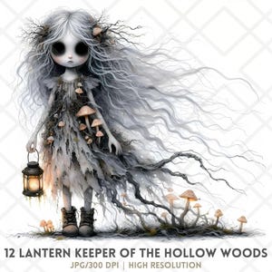May include: Digital artwork depicting a pale figure with long, flowing grey hair and large black eyes, holding a lantern. The figure wears a tattered dress decorated with mushrooms and stands in a forest. Text at the bottom reads "12 Lantern Keeper of the Hollow Woods".