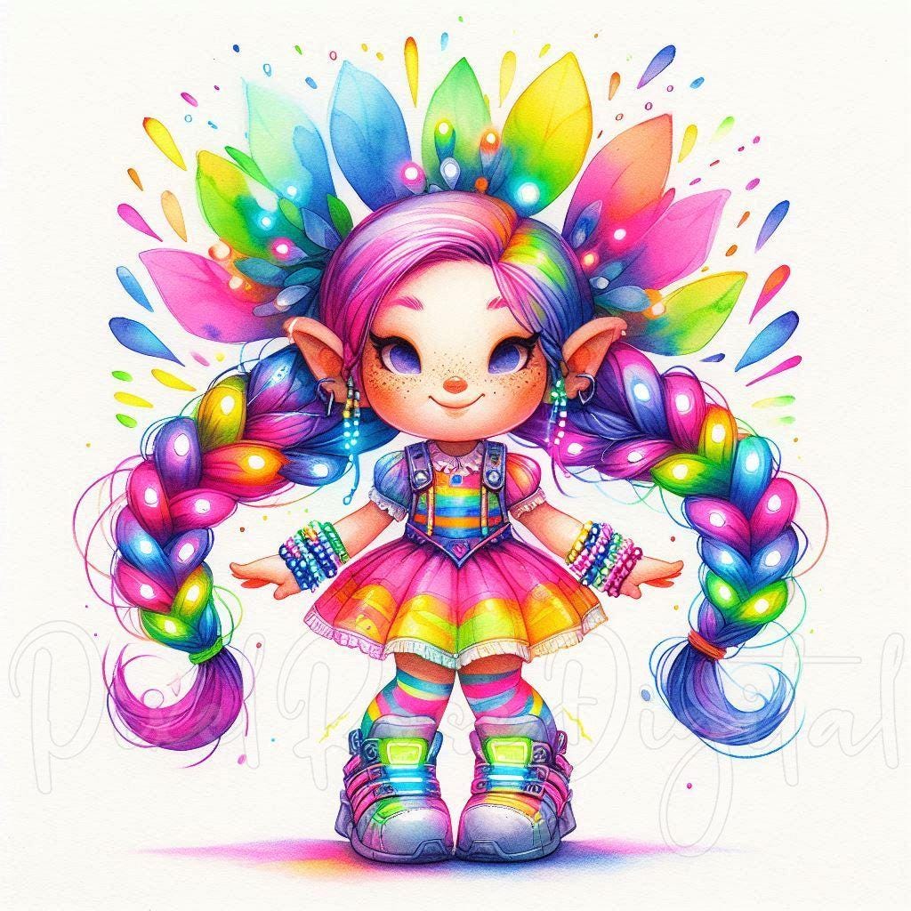 12 Glowstick Raver Girl Clipart JPG Digital Download Neon Rainbow Chibi ...