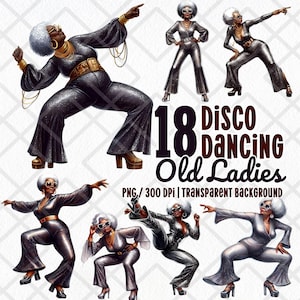 グルーヴィーなディスコダンスをする老婦人のクリップアート PNG、黒人女性のおばあちゃん、アフリカ系アメリカ人のファンキーなシニア、レトロな 70 年代のパーティーのおばあちゃんのデジタル ダウンロード