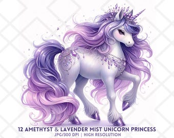 Lavendel Eenhoorn Clipart JPG Amethyst Crystal Princess Horse Fantasy Purple Mane Digitale Sticker Junk Journaling Card Making Decor Kwekerij