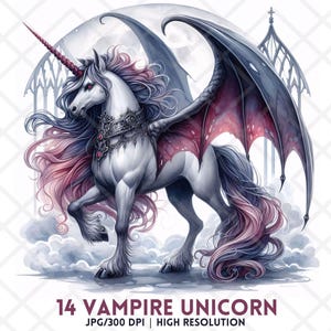 Wampir Jednorożec JPG, Gotycki Skrzydlaty Koń Clipart, Nietoperz Skrzydło Fantasy Jednorożec Naklejka Cyfrowa, Czerwony Czarny Horror Jednorożec Junk Journal PaperCraft