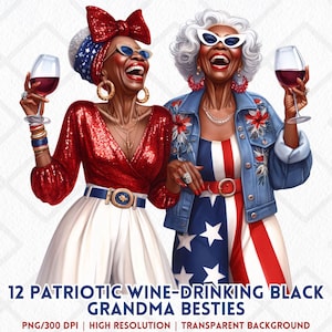 Wijn drinken zwarte oude dames 4 juli clipart grappige sassy patriottische oma's PNG aquarel USA Holiday Memorial Day PNG Journaling