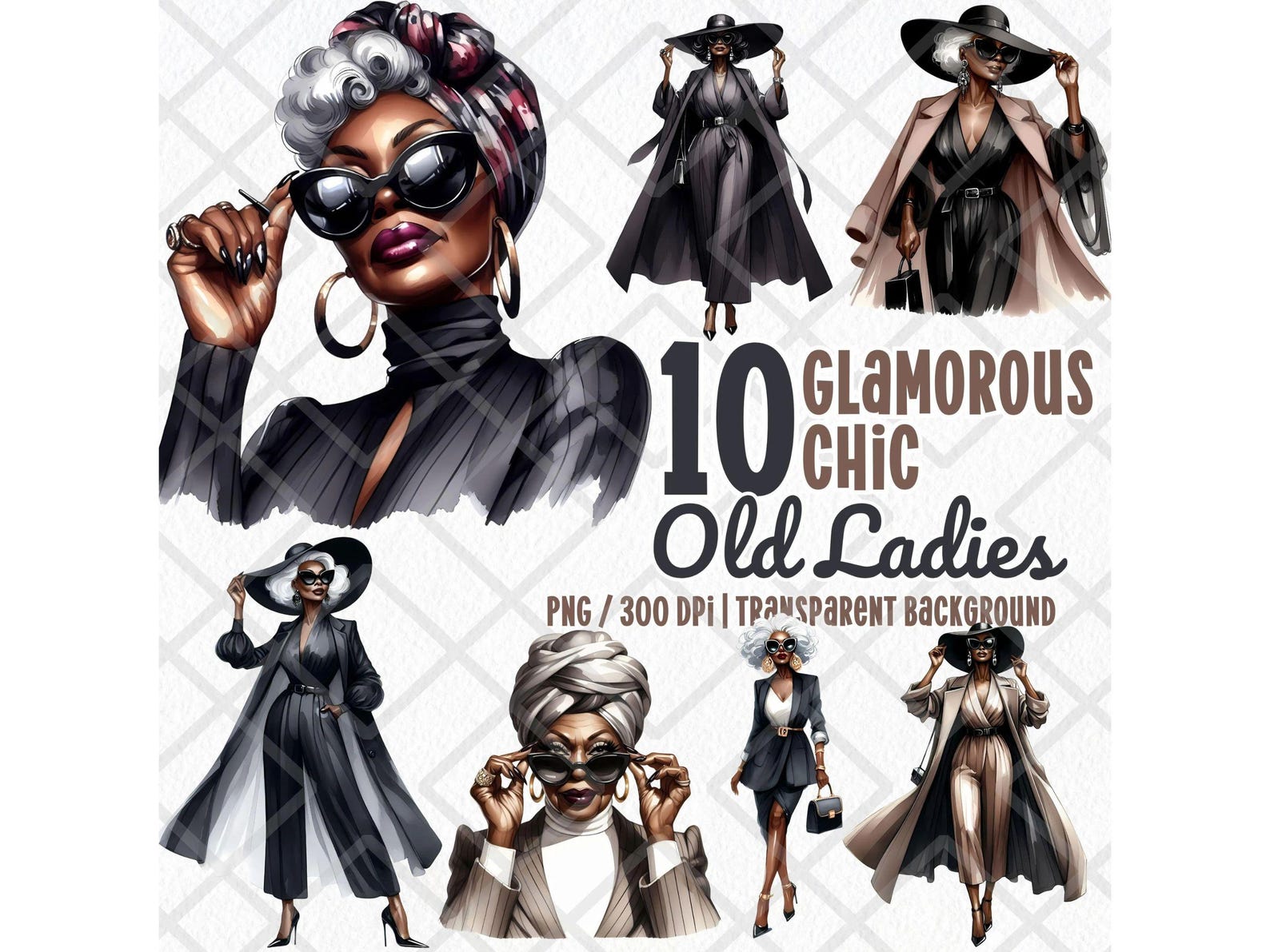 Glamorous Chic Old Ladies Clipart PNG, Sophisticated Black Woman ...