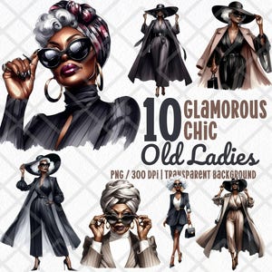 Clipart di vecchie signore glamour ed eleganti PNG, nonna donna di colore sofisticata, anziana afroamericana elegante, adesivo digitale nonna elegante