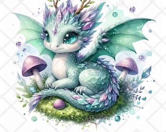 Cría de dragón de bosque de cristal (JPG), adorable bebé dragón de acuarela con astas, arte de dragón de bosque de fantasía para manualidades con papel de sublimación.
