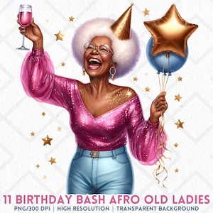 Birthday Afro Lady Clipart PNG African American Party Grandma Black Old Lady Balloons Wine Glass Transparent PNG Journaling Scrapbooking