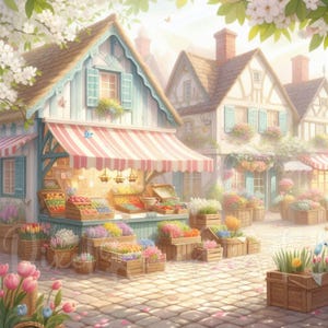 May include: A quaint illustration of a flower and produce market in a European village. The market features wooden crates filled with colorful flowers and fresh fruits. Buildings with pastel colors and striped awnings create a charming scene.