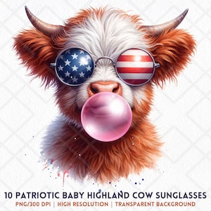 Vaca bebê patriótica das Terras Altas PNG com óculos de sol dos EUA e chiclete, clipart de 4 de julho, cartão de sublimação do Memorial Day, adesivo digital