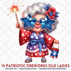 Pétard patriotique vieilles dames PNG, Clipart drôle du 4 juillet, autocollant humour grand-mère USA, rouge blanc bleu vintage jour de l'indépendance