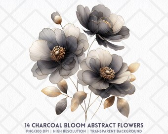 Elegant Charcoal Flower Clipart PNG | Black and Gold Watercolor Floral Clip Art | Dark Abstract Bloom PNG for Scrapbooking Card Making Decor