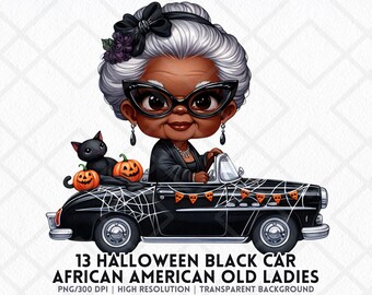 Halloween Black Car Chibi Old Ladies PNG Cute Witch Clipart African American Grandmas Halloween Sublimation Funny Fall Craft Journal Bundle