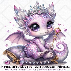 Princesa Dragón de Cristal Clipart PNG Rosa Lila Bebé Dragón Corona Varita Fantasía Niña Dragón PNG Sublimación Pegatina Digital Revistas Basura