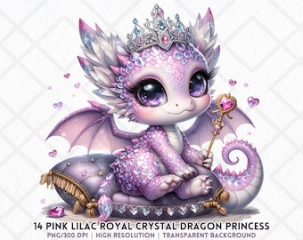 Princesa Dragón de Cristal Clipart PNG Rosa Lila Bebé Dragón Corona Varita Fantasía Niña Dragón PNG Sublimación Pegatina Digital Revistas Basura
