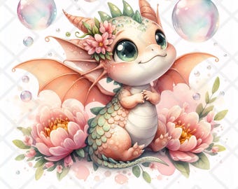 Schattige baby draak JPG clipart, aquarel bloem kroon draak digitale sticker, fantasie kinderkamer muur decor, schattige baby draak clipart