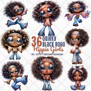 36 Boho Afro Girl PNG-clipart, jaren 70 retro hippiemode, schattige kawaii chibi-kunst, vredesteken digitale download, funky groovy sublimatieontwerp