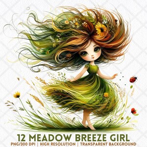 Meadow Breesze Girl Clipart, Whimsical Windswept Hair Girl PNG, Watercolor Fairytale Cartoon Girl Clipart, Digital Download for Junk Journal