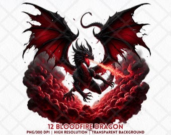 Bloodfire Dragon Clipart rood zwart vuurspuwende draak kunst fantasie schepsel sublimatie stickers ongewenste dagboek Halloween digitale download