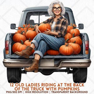 Pumpkin Truck Clipart Fall Grandma PNG Old Lady with Pumpkins Plaid Shirt Digital Autumn Harvest Sublimation Thanksgiving Instant Download