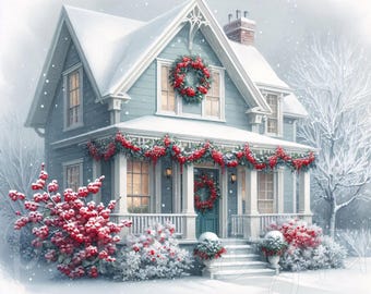 14 Victoriaanse kersthuis clipart JPG blauwe winterhuisje met kransen Garland digitale kunst voor vakantie stickers sublimatie ongewenste tijdschriften