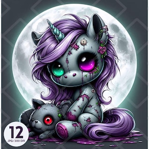 Zumbi Unicórnio Pelúcia Clipart Halloween Animal de Pelúcia Gótico Kawaii Assustador Fofo JPG Diário Sublimação Scrapbooking Adesivo Digital