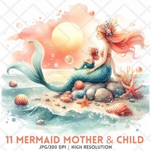 Aquarell Meerjungfrau Mutter und Kind Sonnenuntergang JPG, Ozean Küsten Mutter und Kind, Muschel Coral Beach Clipart, Muttertag Sublimation Download