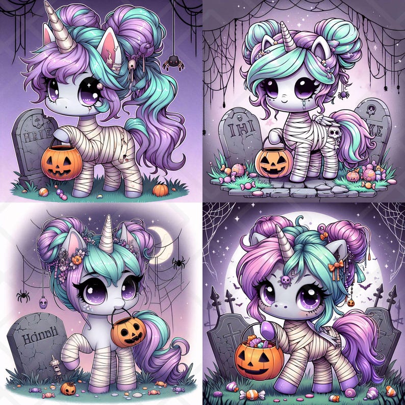 以下が含まれることがあります： ハロウィーンをテーマにした4匹の漫画のユニコーン。各ユニコーンは角を持ち、包帯で包まれ、ジャック・オー・ランタンを持っています。ユニコーンは紫、青、ピンクの髪をしており、墓地の背景があります。