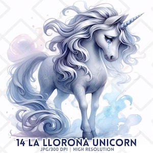 Clipart de unicornio de Halloween JPG, espeluznante, La Llorona, triste, fantasma, caballo, inquietante, llanto, espíritu, agua, caballo blanco, pegatina digital, sublimación, diario