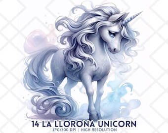 Clipart de unicornio de Halloween JPG, espeluznante, La Llorona, triste, fantasma, caballo, inquietante, llanto, espíritu, agua, caballo blanco, pegatina digital, sublimación, diario