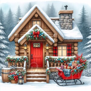 May include: A cozy, snow-covered cabin with a red door and a decorated porch. A red sleigh filled with wrapped gifts sits in front of the cabin. The cabin is decorated with festive garlands and a large red bow, creating a winter holiday scene.