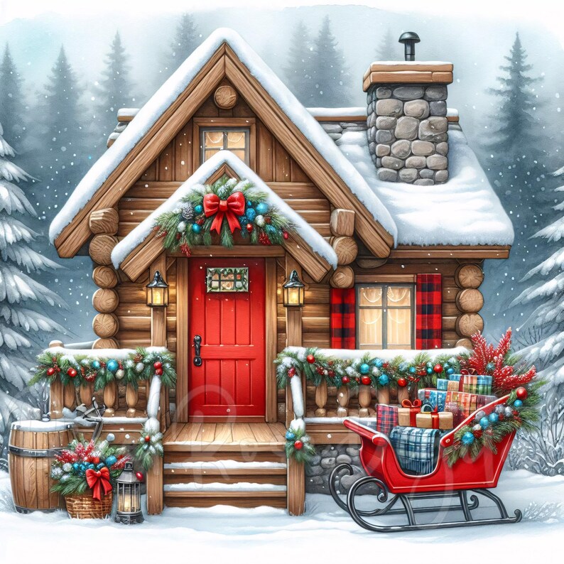 May include: A cozy, snow-covered cabin with a red door and a decorated porch. A red sleigh filled with wrapped gifts sits in front of the cabin. The cabin is decorated with festive garlands and a large red bow, creating a winter holiday scene.