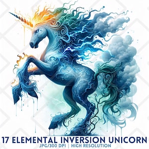 Clipart di unicorno fantasy blu JPG Fuoco Acqua Aria Fulmine Unicorno JPG Fantasy JPG Giornale di spazzatura Creazione di biglietti Adesivo digitale