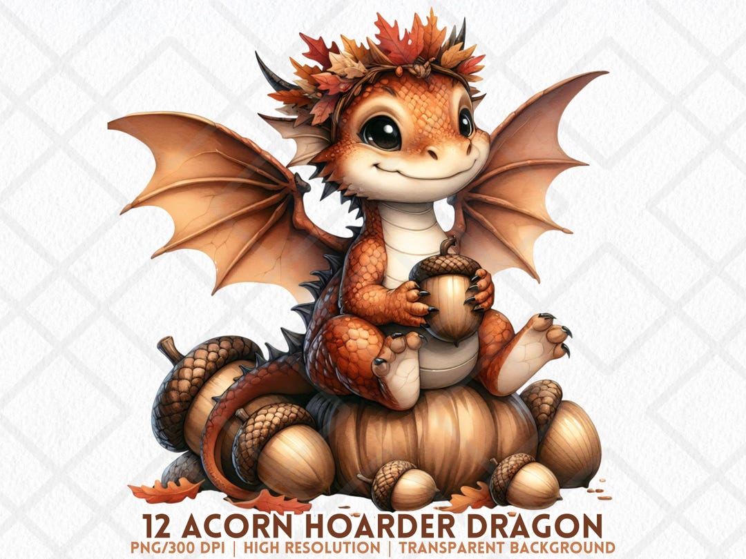 Cute Fall Baby Dragon Clipart Acorn Hoarder Dragon PNG Autumn Pumpkin ...