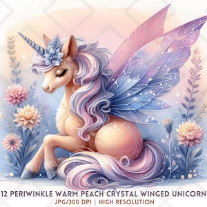 Pervenche aquarelle clipart licorne pêche chaud ailes scintillantes Floral fantaisie mignon JPG indésirable journalisation carterie décoration chambre d'enfant