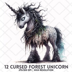 Unicorno della foresta maledetta JPG, Clipart di cavallo dell'albero infestato, Adesivo digitale di unicorno oscuro fantasy gotico, Diario creativo con creature spettrali del bosco
