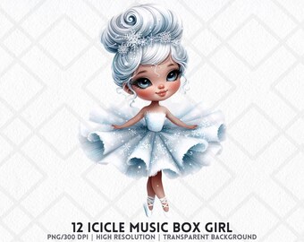 Icicle Music Box Girl Clipart PNG Snowflake Ballerina Winter Princess Sublimation Christmas Art Printable Digital Sticker Junk Journals