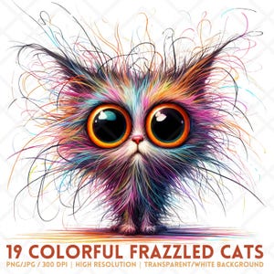 Watercolor Colorful Frazzled Cat Clipart, Confused Quirky Whimsical Cat PNG JPG, Digital Planners, Digital Sticker, Digital Download