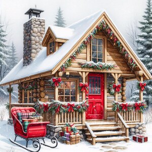 May include: A cozy, snow-covered log cabin decorated for Christmas. The cabin features a red door, festive garlands, and red bows. A red sleigh filled with gifts sits on the snowy ground, creating a warm, inviting holiday scene.