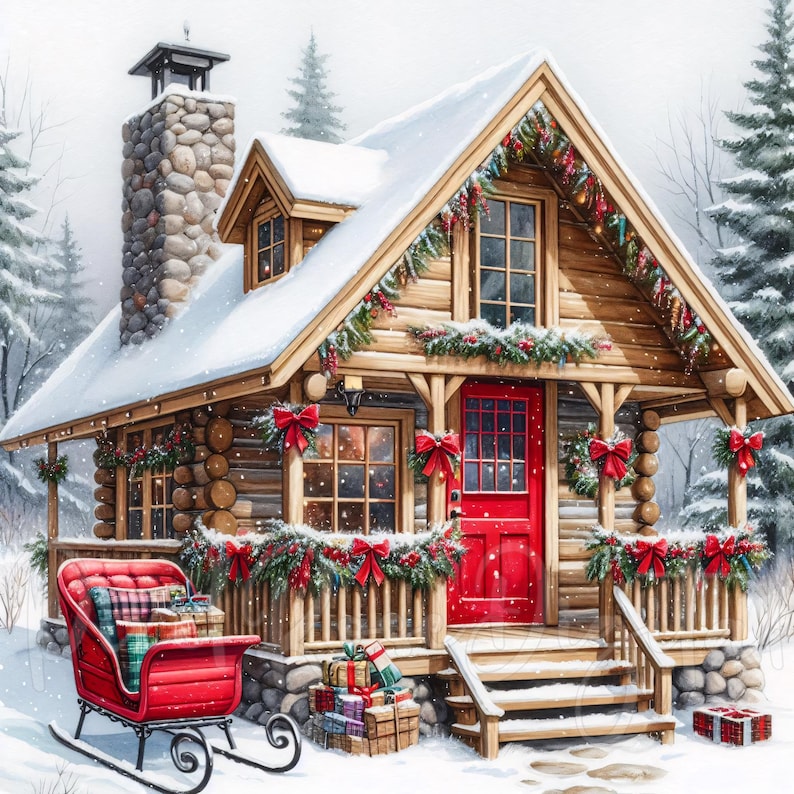 May include: A cozy, snow-covered log cabin decorated for Christmas. The cabin features a red door, festive garlands, and red bows. A red sleigh filled with gifts sits on the snowy ground, creating a warm, inviting holiday scene.