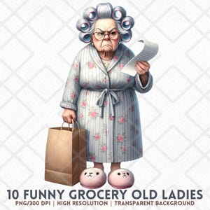 Lustige alte Damen Clipart, mürrische Oma PNG, Lebensmittelgeschäft Quittung freche ältere Frau, Aquarell alte Dame, Vintage Oma schrullige Großmutter