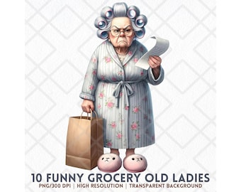 Imágenes prediseñadas de ancianas divertidas, abuela gruñona PNG, recibo de supermercado, mujer mayor atrevida, anciana en acuarela, abuela vintage, abuela peculiar