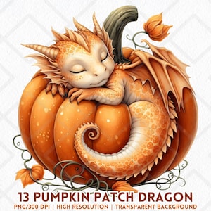Clipart de dragón de calabaza PNG, lindo bebé dragón de otoño durmiendo sobre una calabaza, criatura fantástica otoñal PNG, diarios de pegatinas digitales para sublimación
