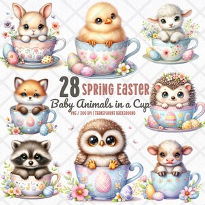 Animali primaverili in tazza da tè PNG, Clipart di animali pasquali carini ad acquerello, Adesivo digitale di agnello pulcino coniglietto, Scrapbooking di carta